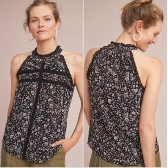 Anthropologie Maeve Floral Crochet Lace Halter Blouse Top Black Size Medium - Picture 3 of 16